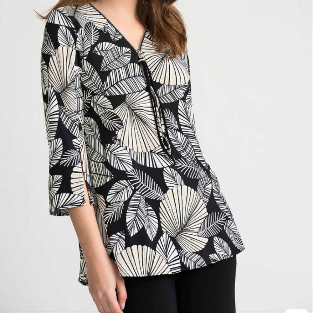 Joseph Ribkoff Black Beige Leaf Print Tunic Top 14+